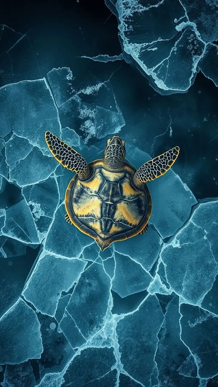 A turtle swimming with attitude in icy water with cracked black ice.