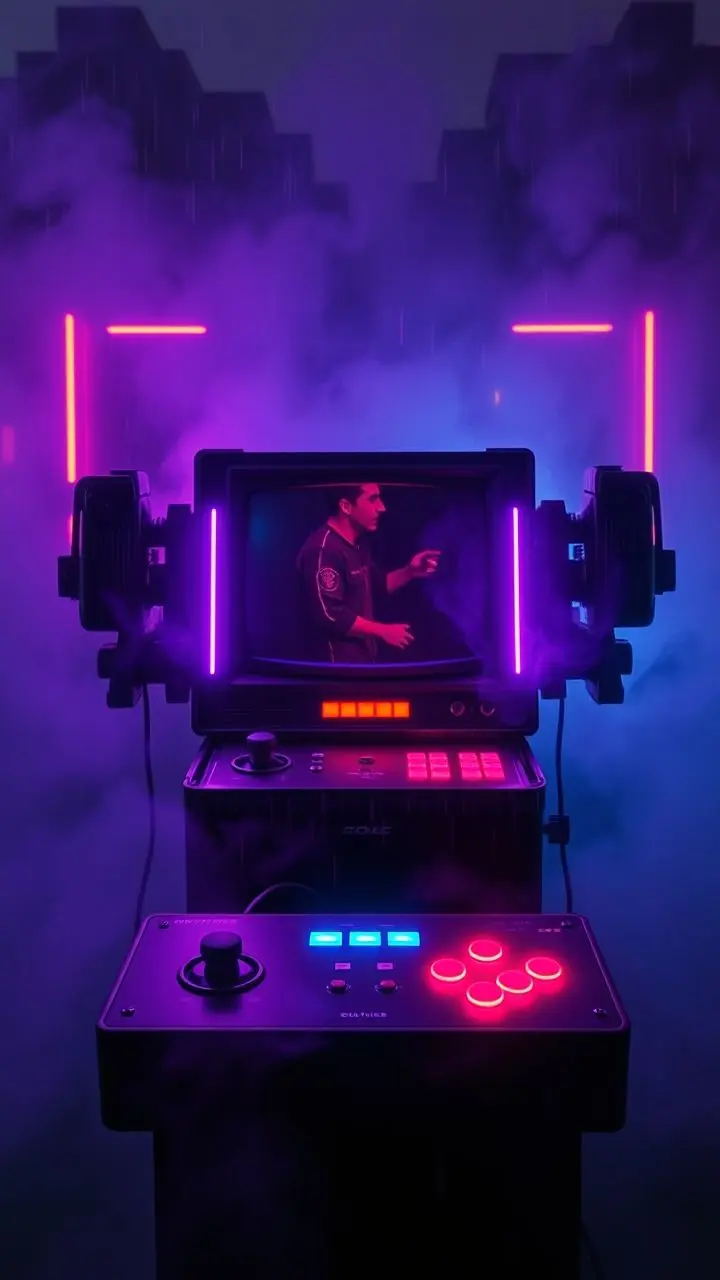 Vintage gaming console with neon lights during an arrest.