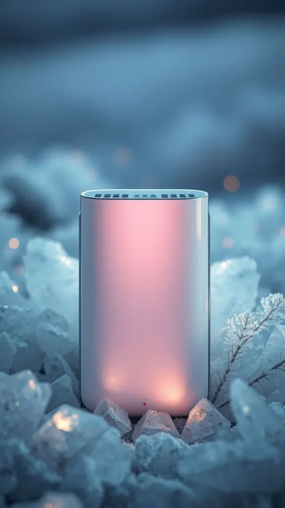 Sleek air purifier in frosted retro-futuristic setting with fireflies.