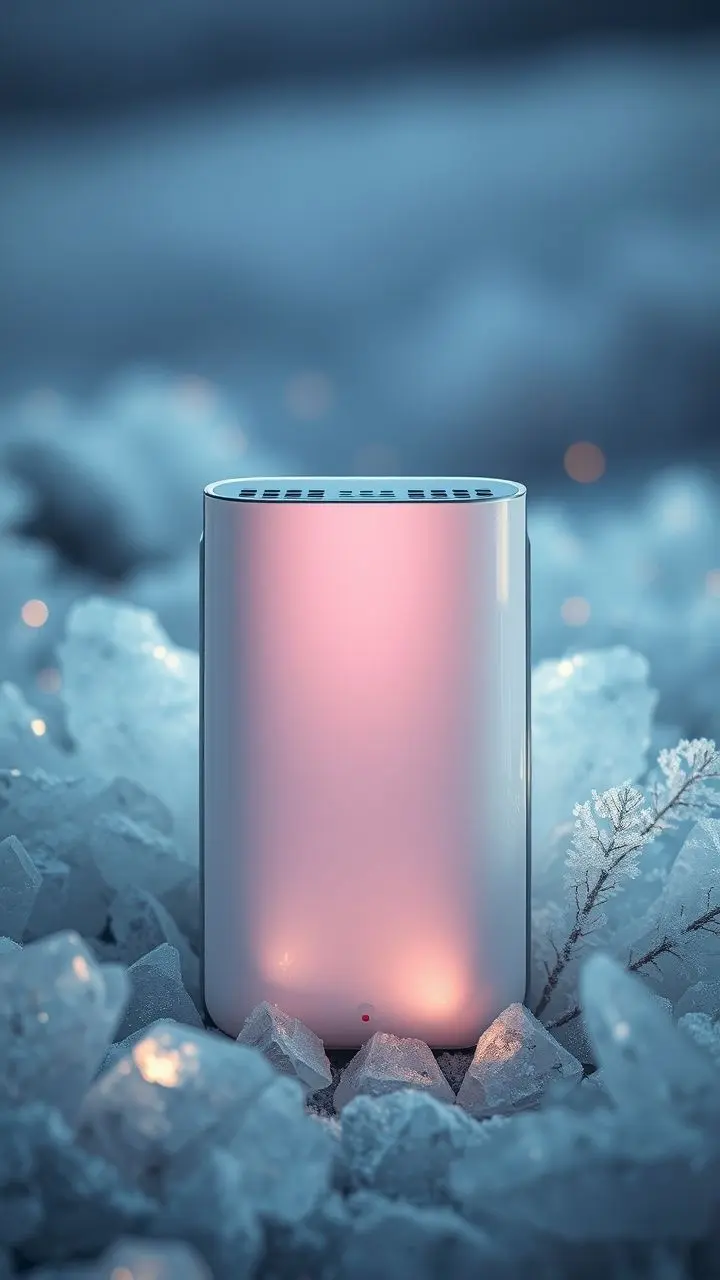 Sleek air purifier in frosted retro-futuristic setting with fireflies.