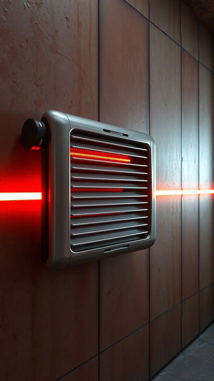 Wall-mounted retro-futuristic heater on corroded surface with a glowing line.