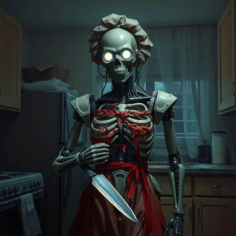 A decaying robot housewife with glowing eyes and a butcher knife in a dark kitchen.