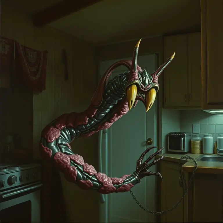 A monstrous, worm-like creature made of metal and pink flesh with hooked teeth in a dark kitchen.
