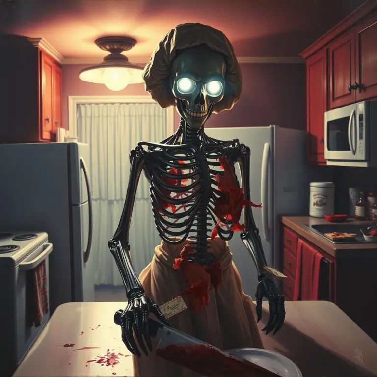 Robot housewife with exposed bones and peeling flesh holding a knife in a dark kitchen.