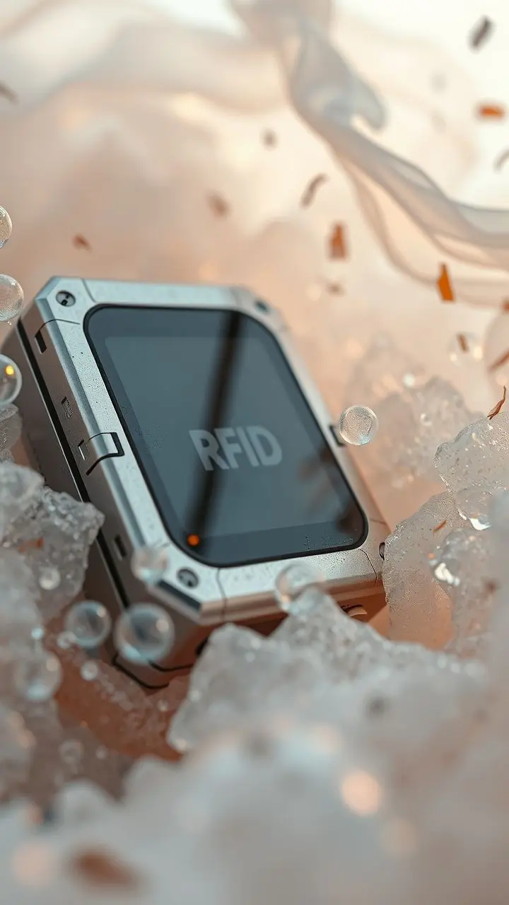 Close-up of an illuminated RFID reader with metallic surfaces amidst pastel soap bubbles and wind-blown debris, in a retro-futuristic style.