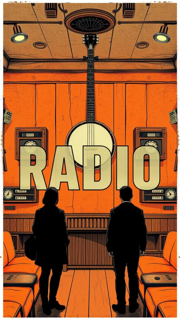Graphite drawing of a retro-futuristic cinema with 'RADIO' text, antique radios, banjo, and Russian silhouettes.