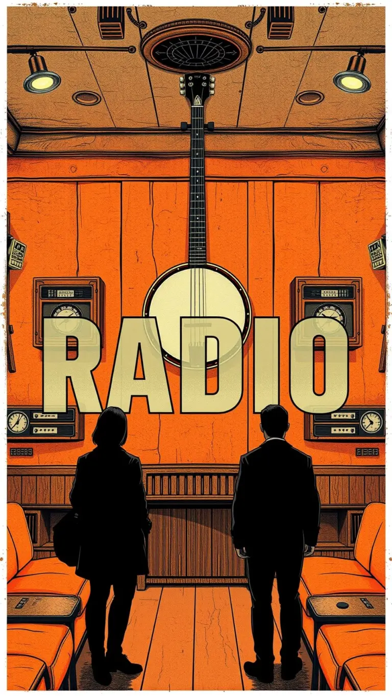 Graphite drawing of a retro-futuristic cinema with 'RADIO' text, antique radios, banjo, and Russian silhouettes.