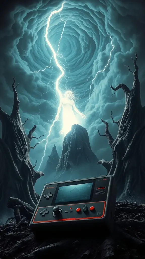 Retro gaming console, storm, ascending spirit, melting trees, Raygun Gothic style.