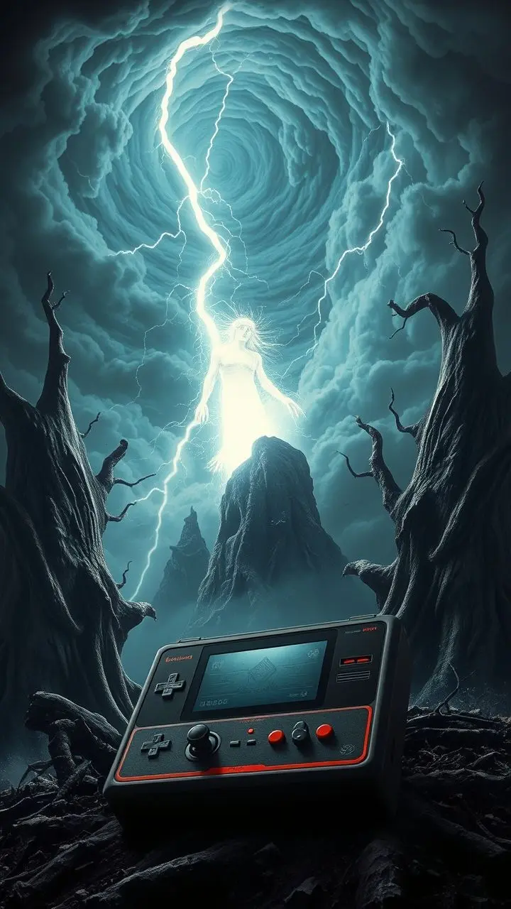 Retro gaming console, storm, ascending spirit, melting trees, Raygun Gothic style.