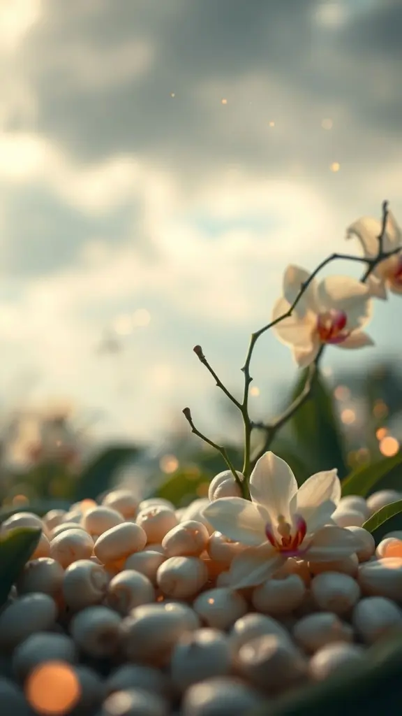 Vanilla and orchid flowers with beans, soft fireflies, and blurred background.