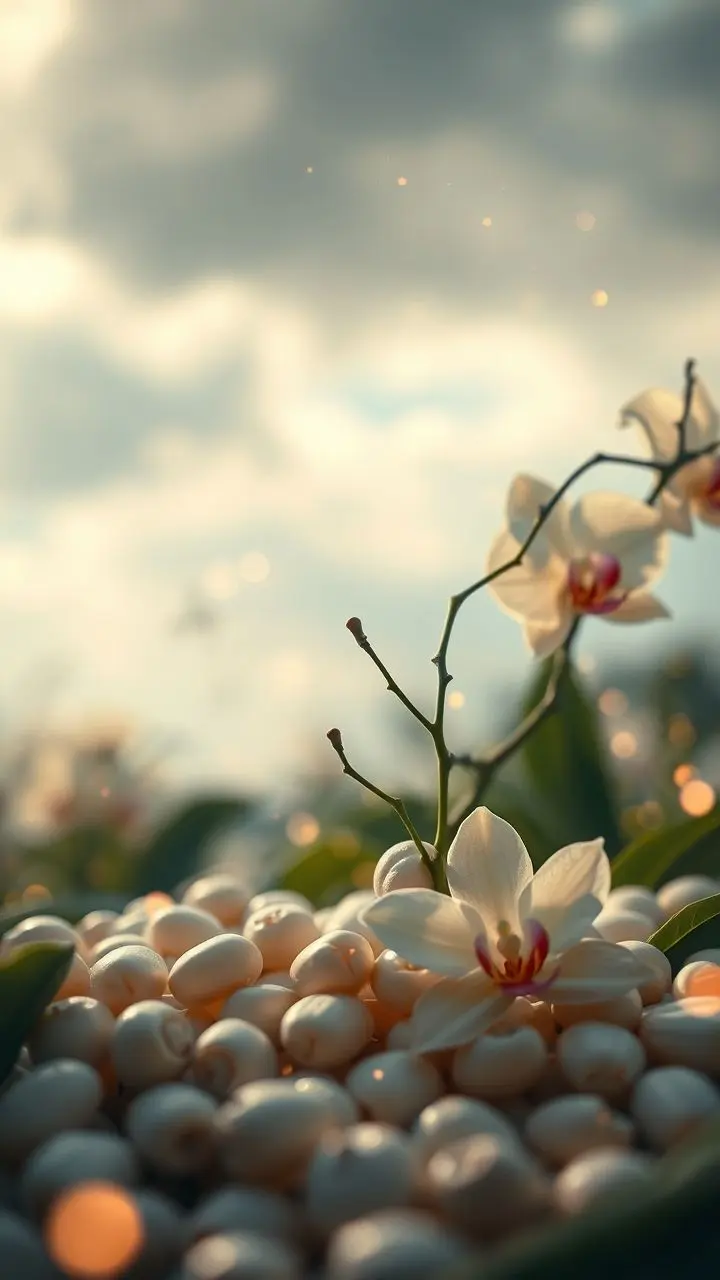 Vanilla and orchid flowers with beans, soft fireflies, and blurred background.