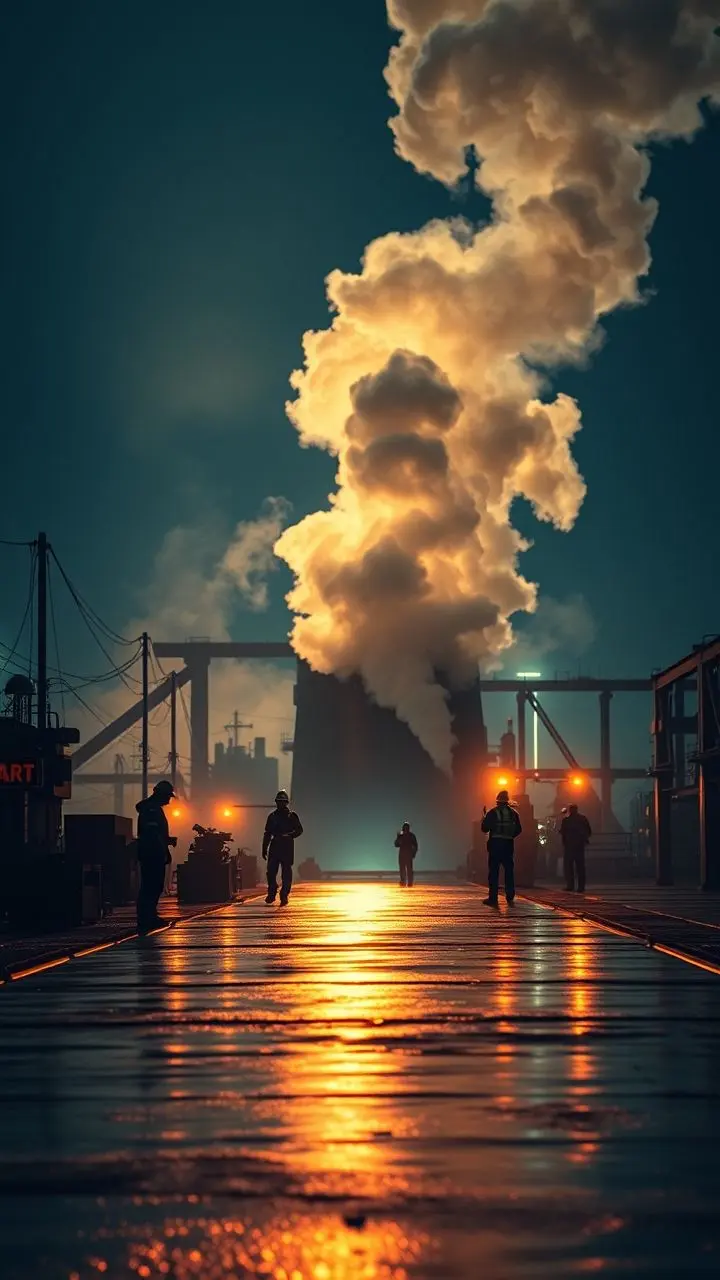 Industrial scene with a steam-emitting fumarole and workers under reflective pavement, retrofuturistic style.