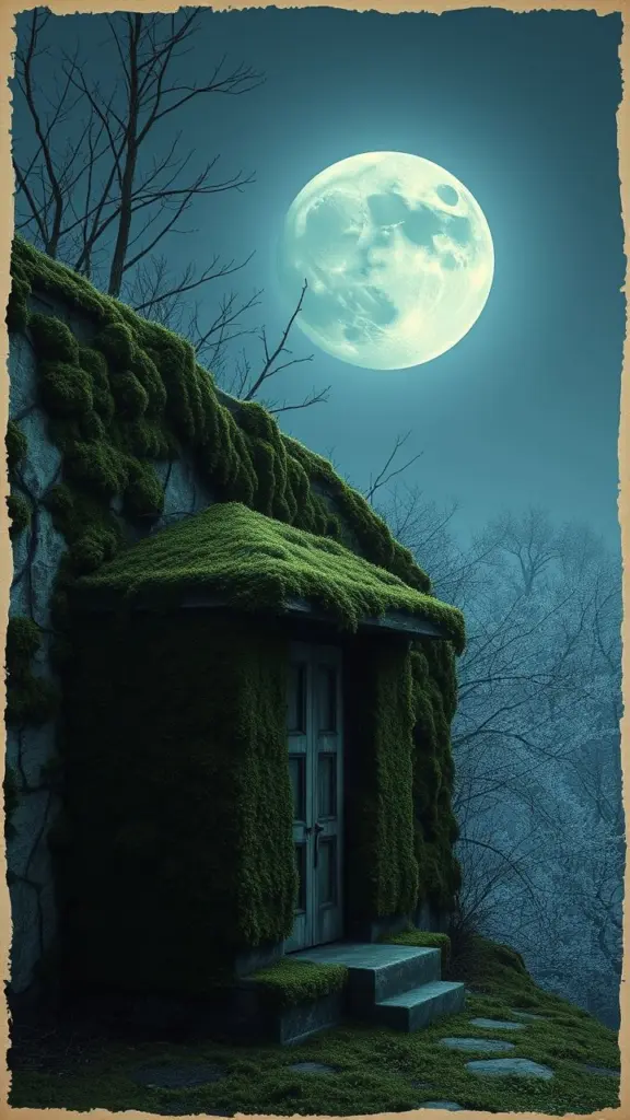 Mossy structure and ivy wall under a Frost Moon with retrofuturistic GUI.