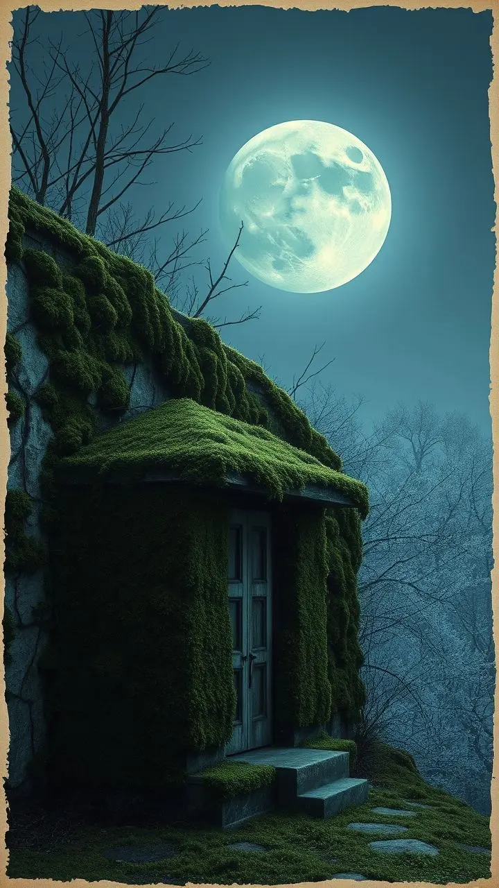 Mossy structure and ivy wall under a Frost Moon with retrofuturistic GUI.
