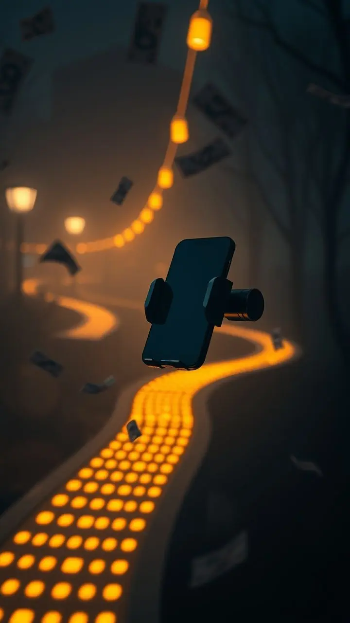 Phone holder on glowing path with money and retrofuturistic elements.
