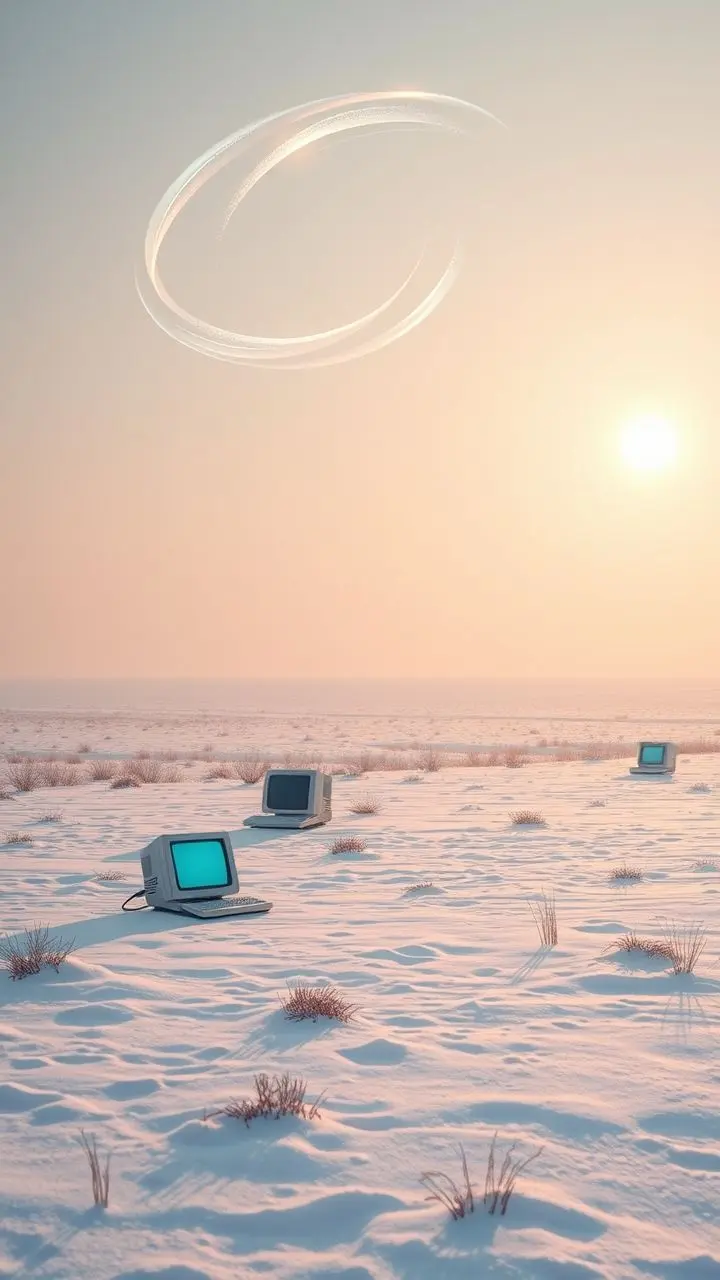 Snowy field with glowing retro computers and quantum foam.