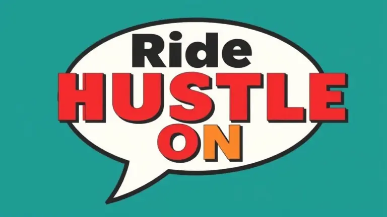 Speech bubble with 'Ride Hustle On' text.