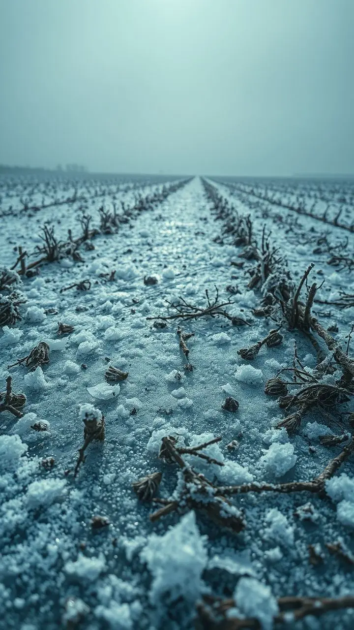 Frost patterns on frozen crop stalks, with geometric text overlay.