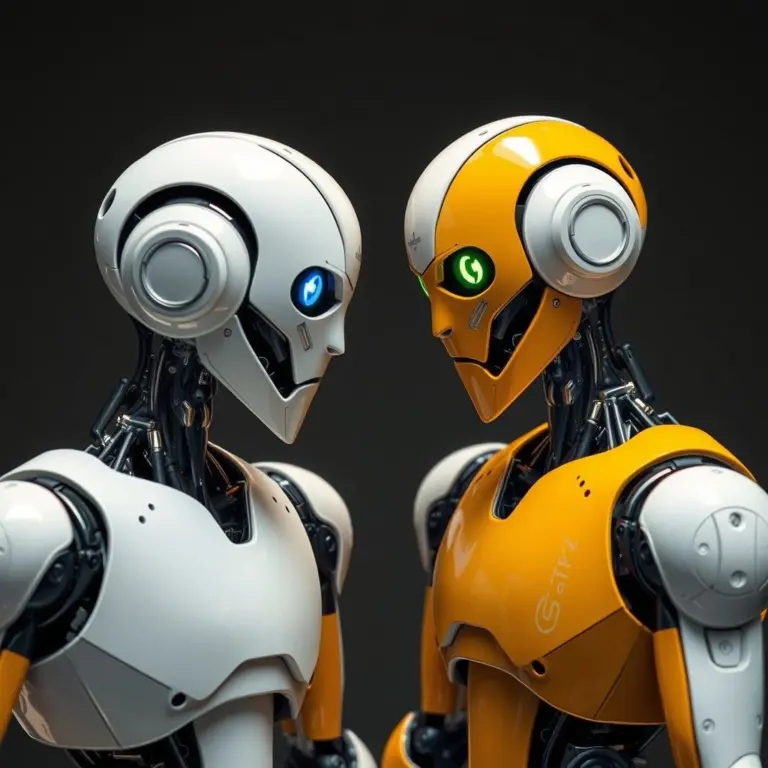 Two robots looking at each other.