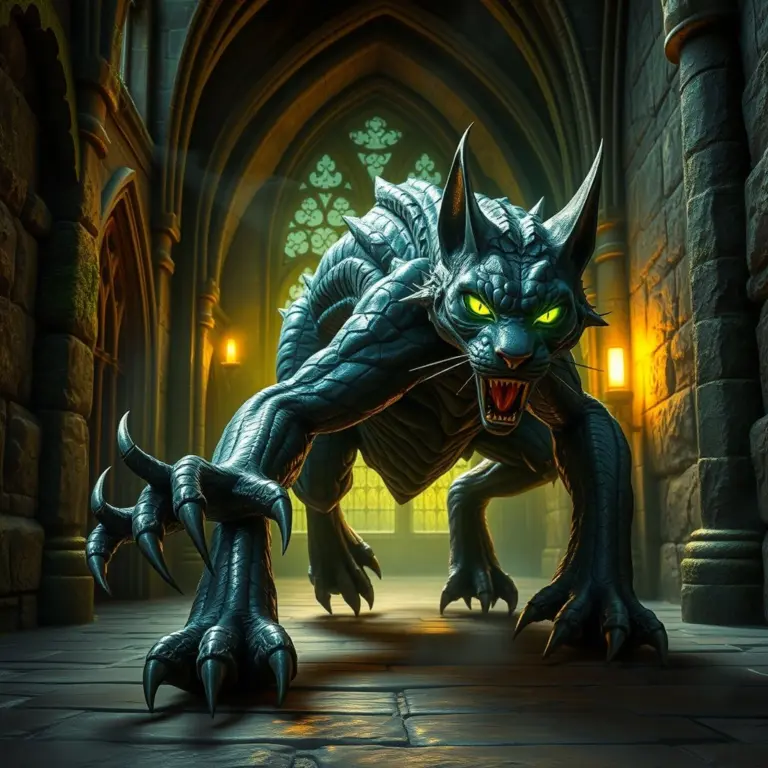 Mystical creature with stone skin and glowing eyes in Hogwarts.