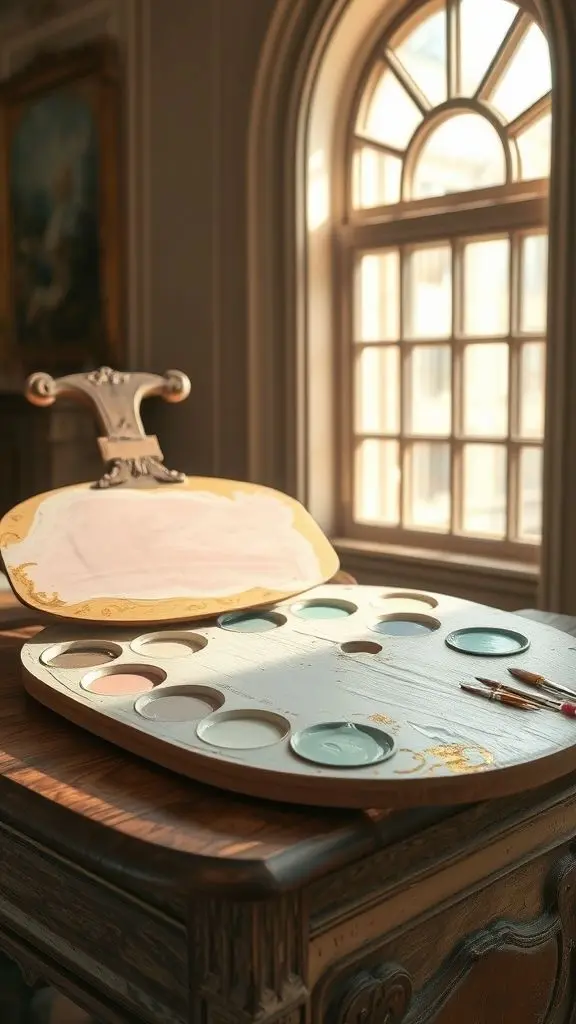Rococo painter's palette with pastel paints on a wooden table bathed in sunlight.