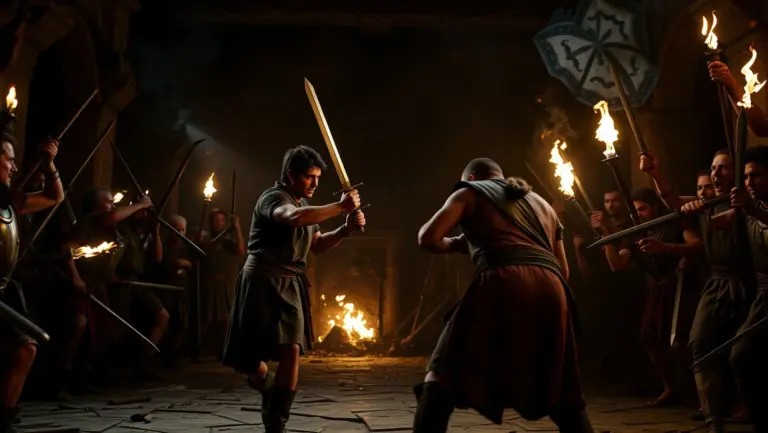 A middle-aged Roman man, Vico, with a rugged face and short dark hair, stands defensively with a sword in a torn leather tunic, facing an attacker in a dramatic, dimly lit ancient Roman chamber.