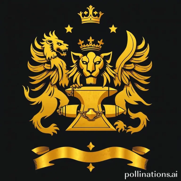 Dark banner with golden lion crest and iron anvil.
