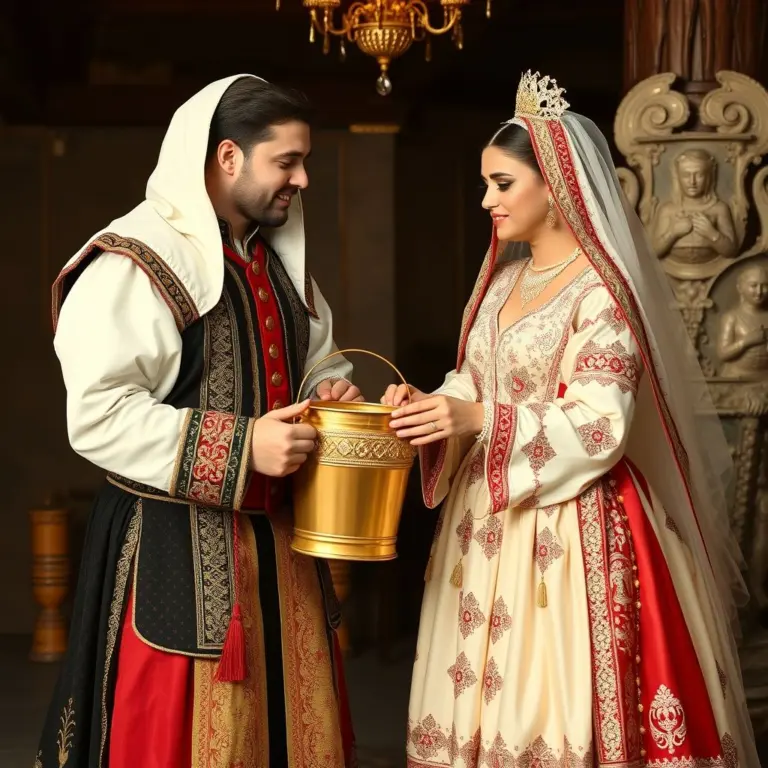 Bride and groom in historical Russian clothing exchanging gold buckets