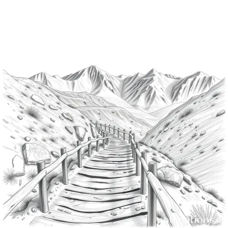 Pencil sketch of a mountain trail with handrails.