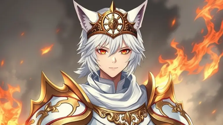 White wolf-eared Ruler in flame-etched armor