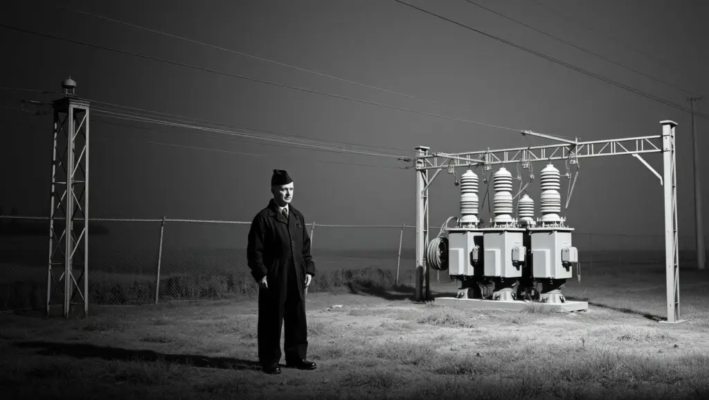 Black and white studio photograph of a Soviet-era electrical substation.