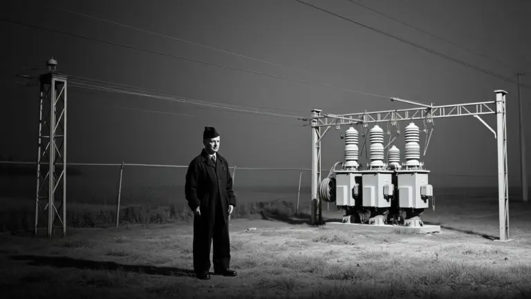 Black and white studio photograph of a Soviet-era electrical substation.
