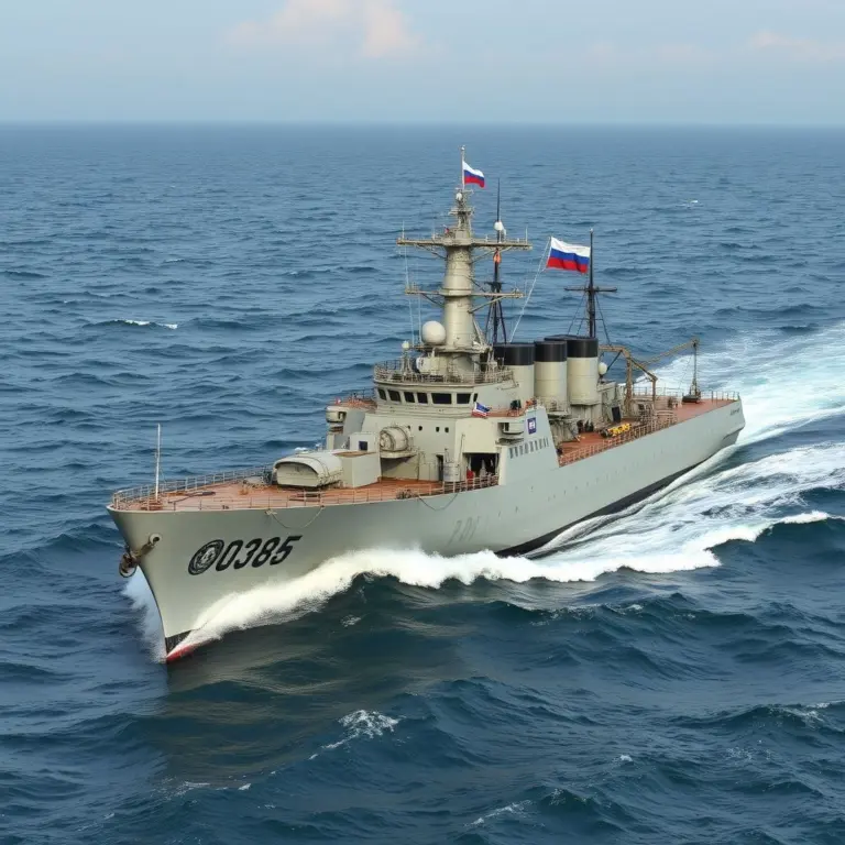 Russian Project 20385 corvette, dark gray, on choppy sea with Russian flags.