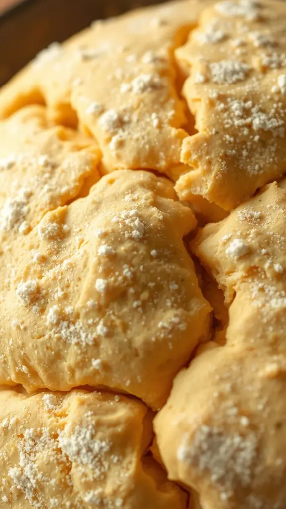 Close-up of textured dough with yeast and powder, featuring a lens flare.