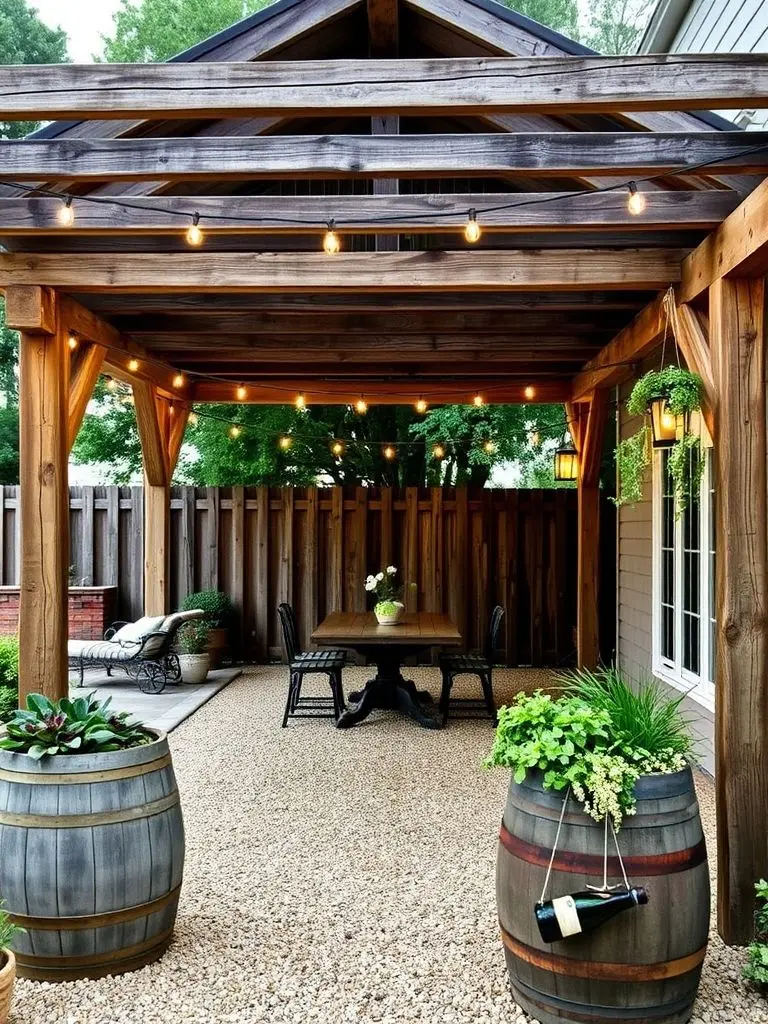 Farmhouse backyard with pergola, string lights, wine barrels, and gravel.