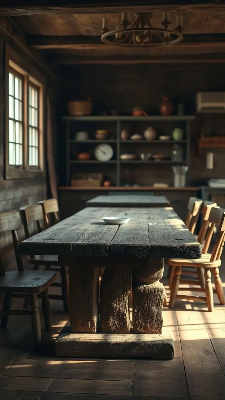 Close-up of a rustic wooden table with textured surfaces and gentle shadows.