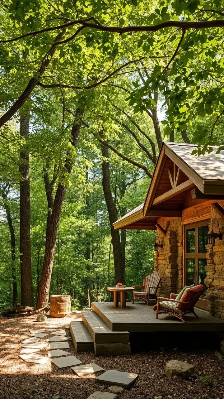 Rustic cabin made of wood and stone in a forest.