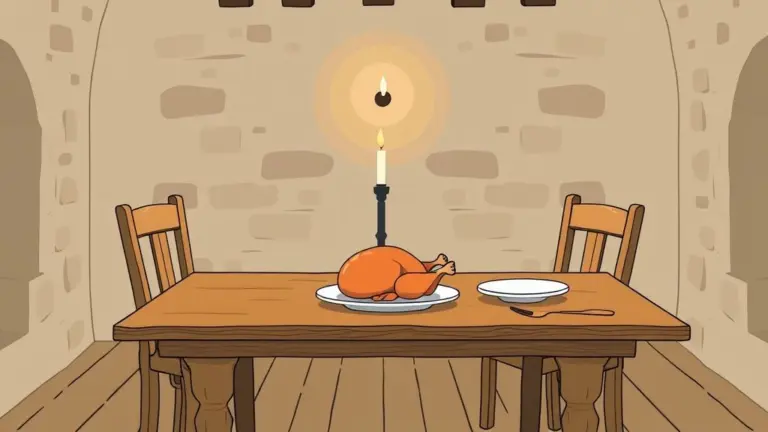 2D drawing of a medieval dining table with a roasted chicken, simple chairs, and a candle in the background.