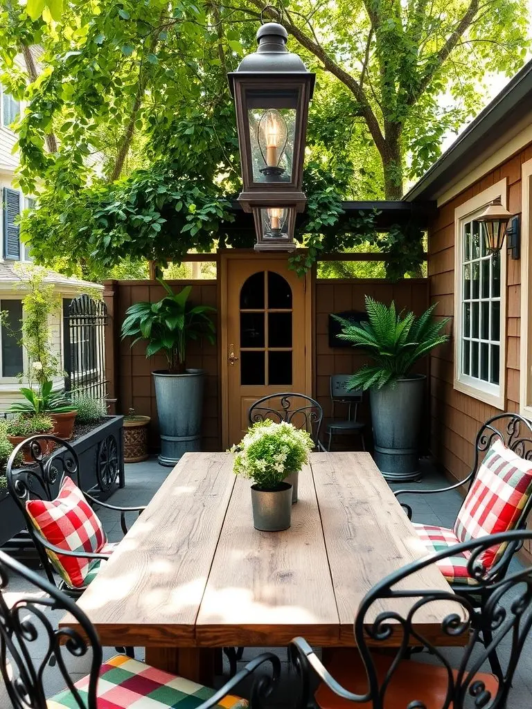 Outdoor patio with rustic table and chairs.