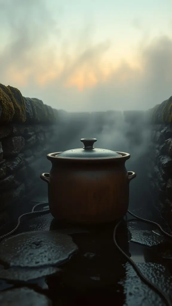 Rustic slow cooker pot in foggy twilight with mossy walls, sepia tones.