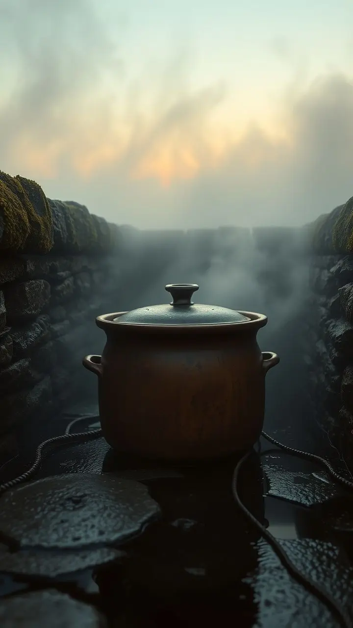 Rustic slow cooker pot in foggy twilight with mossy walls, sepia tones.