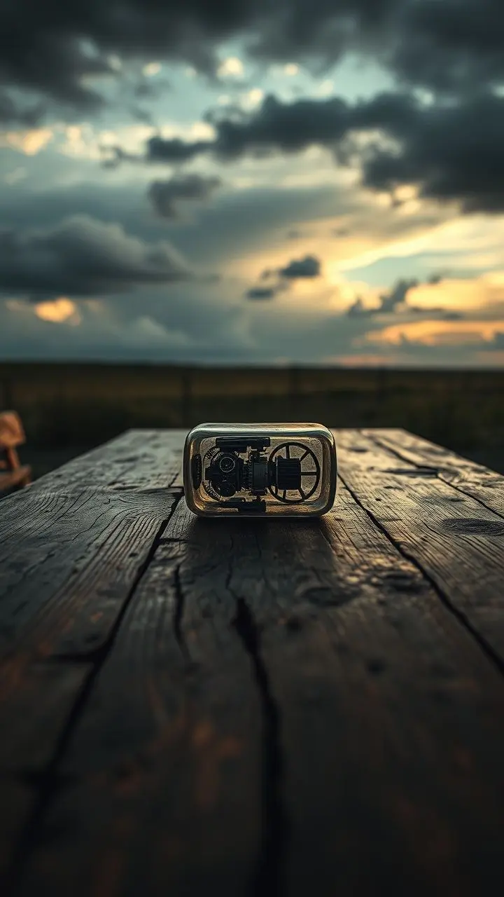 Rustic farmhouse table, dramatic sky, weather migration effect, cutaway object, bent reflections, grainy dreamcore.