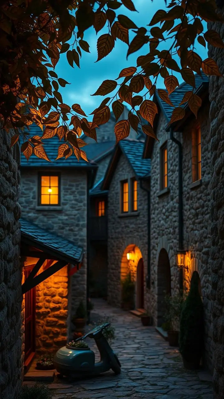 Rustic stone houses at dusk with fractal leaves and warm interior lighting.