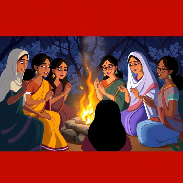 Digital cartoon of Indian women chanting around a fire in a garden at dusk.