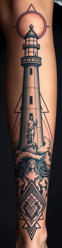 Calf tattoo design with lighthouse, moon, and Poseidon statue in sacred geometry.