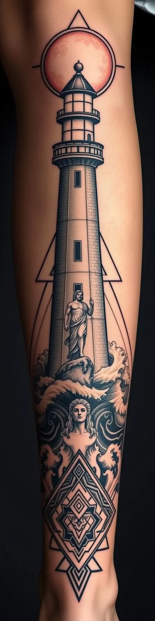 Calf tattoo design with lighthouse, moon, and Poseidon statue in sacred geometry.