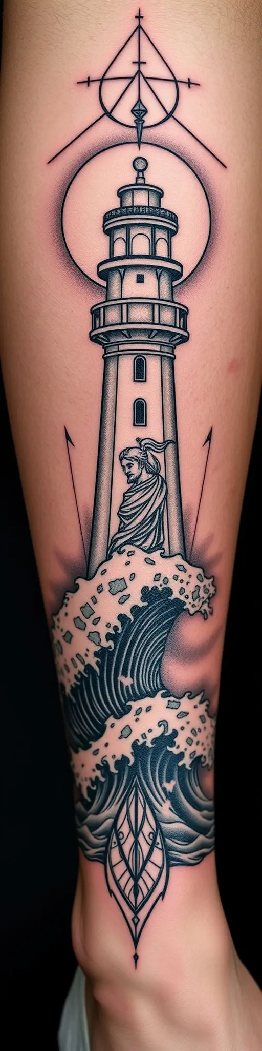 Sacred geometry tattoo design featuring a lighthouse, moon, and Poseidon on a calf.