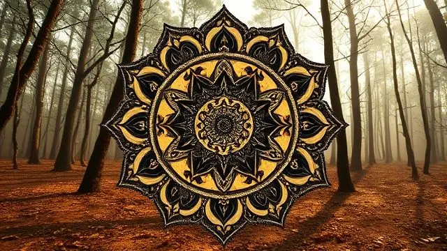 Detailed mandala with spirals and embellishments on a clay forest background.