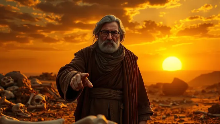A wise old man with gray hair in flowing robes points to ancient ruins in the Sahara desert at sunset.