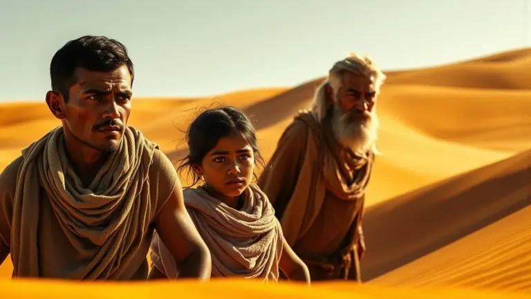 Three people walking across sand dunes in the Sahara desert.